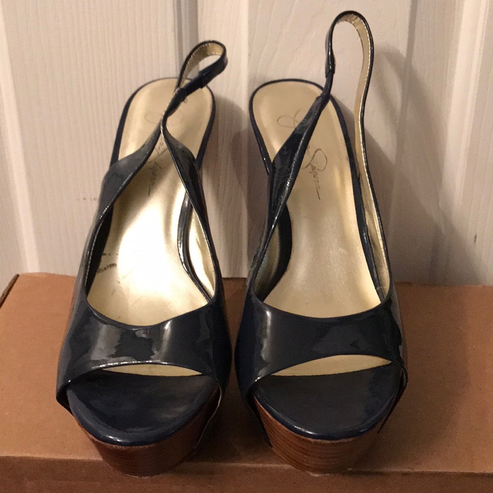patent sling back platform  heels. In good cond.